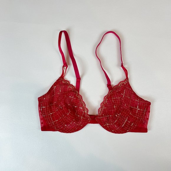 NWOT Victoria's Secret Bra 34C Unlined Demi Red Gold Metallic - Picture 1 of 7
